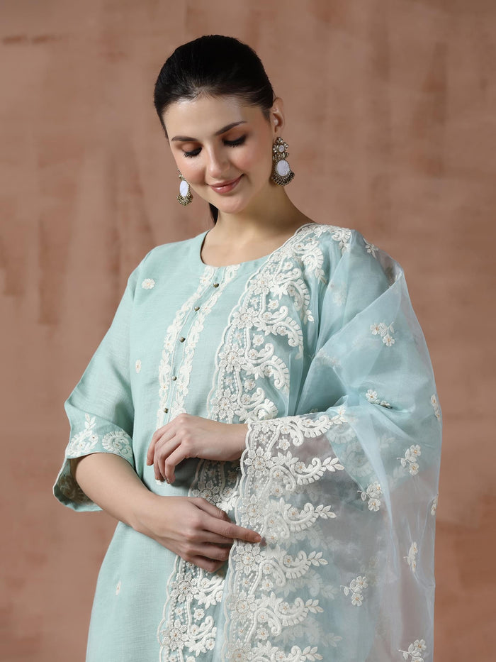 Women Linen Aqua Solid embroidered Kurta Comfort Pant Dupatta.