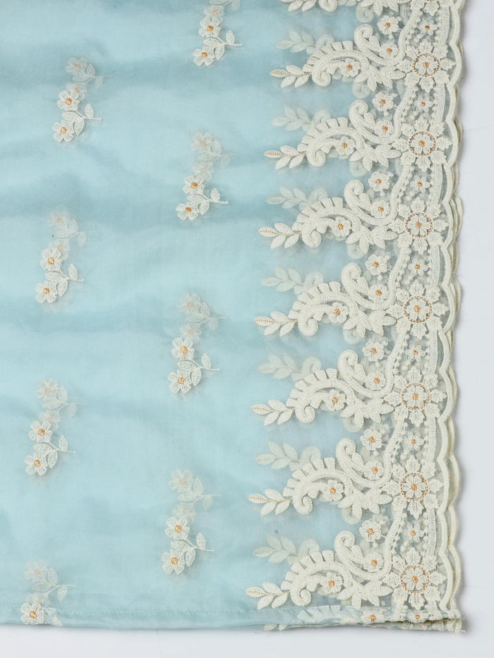 Women Linen Aqua Solid embroidered Kurta Comfort Pant Dupatta.