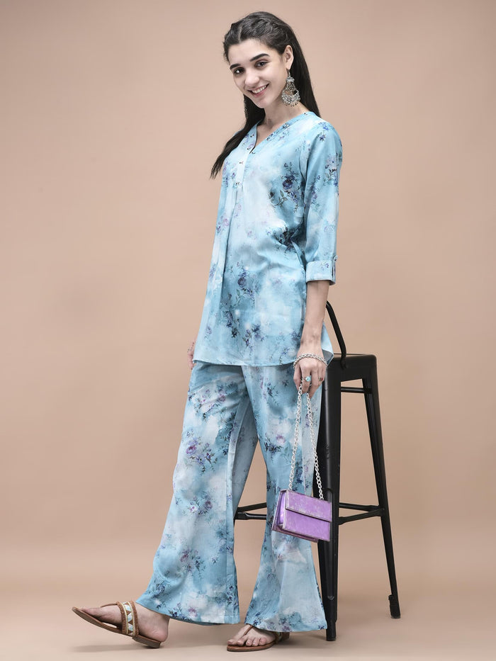 Women Linen Blue Texture Print Co-Ord Set.