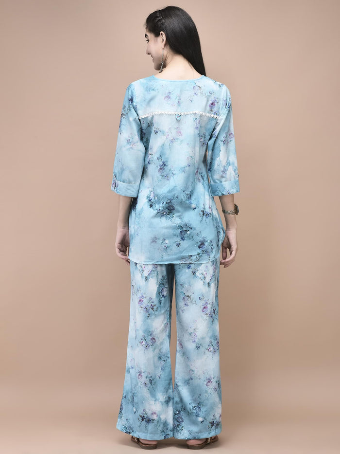 Women Linen Blue Texture Print Co-Ord Set.