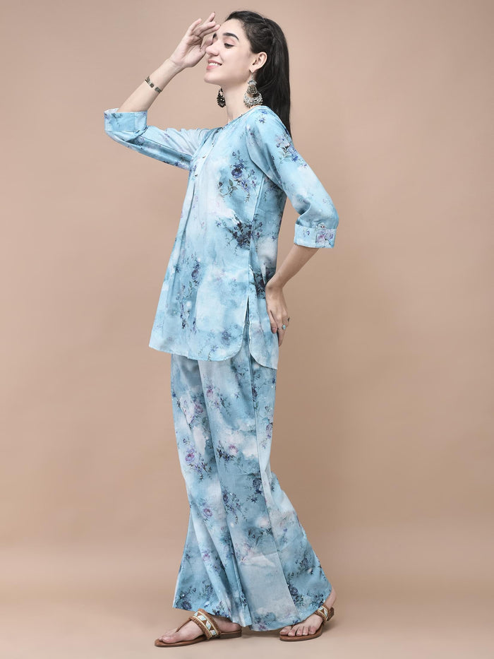 Women Linen Blue Texture Print Co-Ord Set.