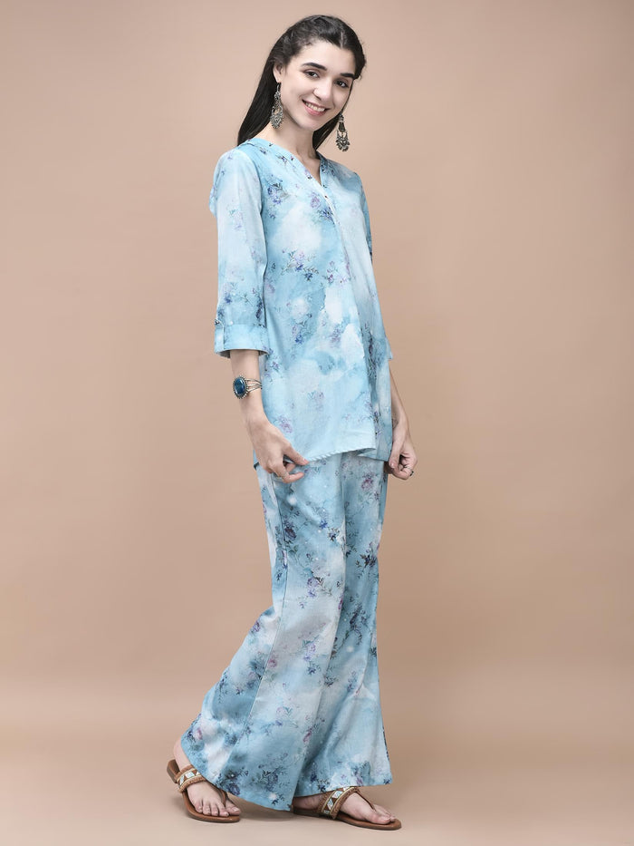 Women Linen Blue Texture Print Co-Ord Set.