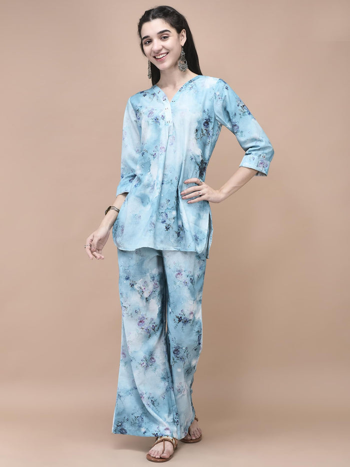 Women Linen Blue Texture Print Co-Ord Set.