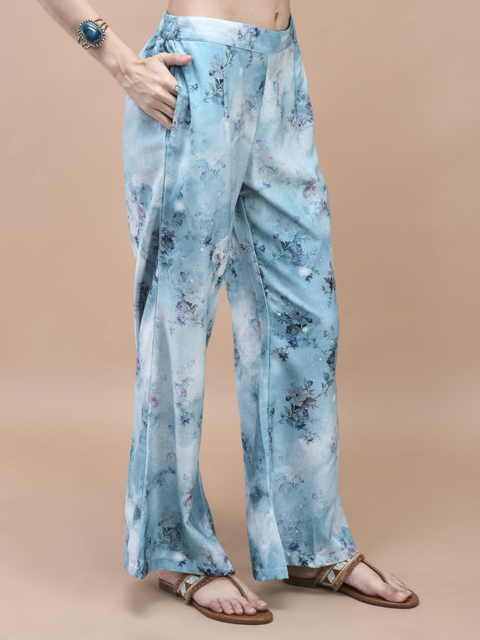Women Linen Blue Texture Print Co-Ord Set.