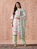 Women Linen Green Floral Print Kurta Comfort Pant Dupatta.