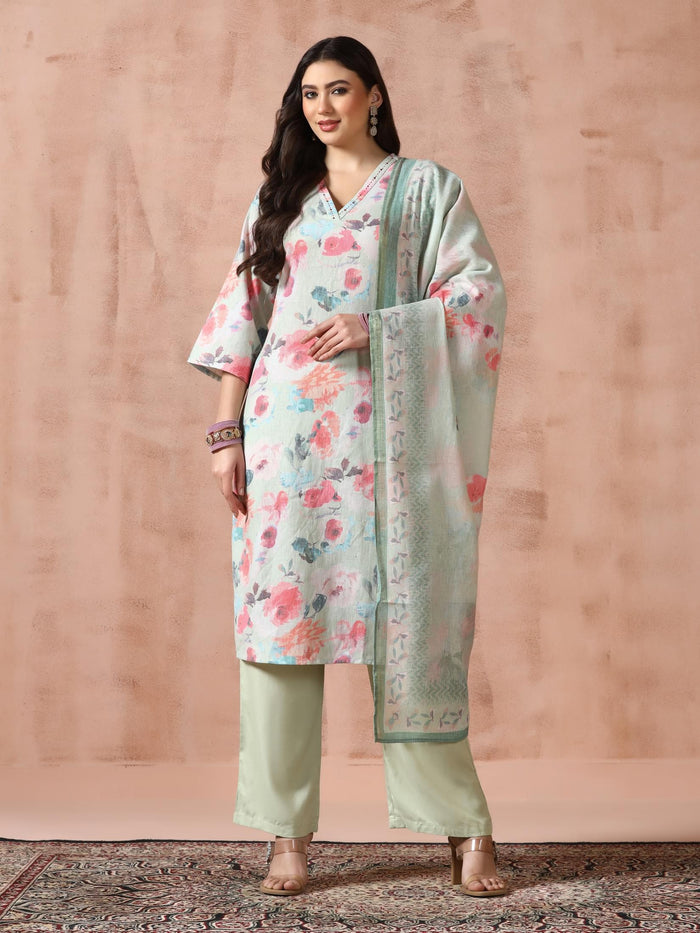 Women Linen Green Floral Print Kurta Comfort Pant Dupatta.