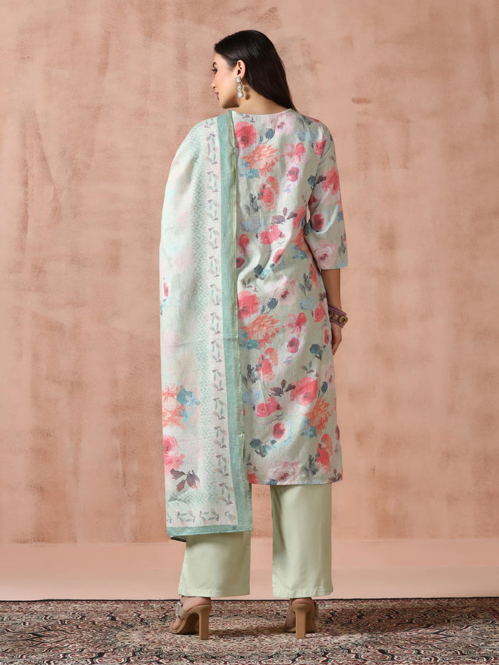 Women Linen Green Floral Print Kurta Comfort Pant Dupatta.