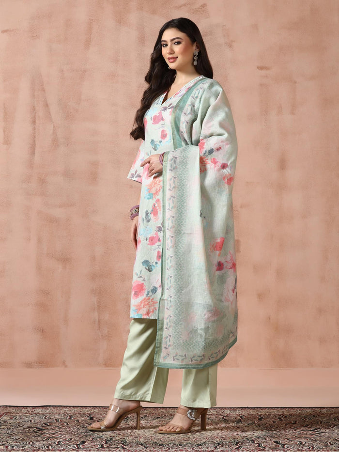 Women Linen Green Floral Print Kurta Comfort Pant Dupatta.