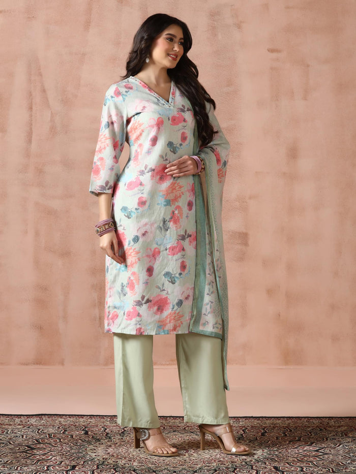 Women Linen Green Floral Print Kurta Comfort Pant Dupatta.