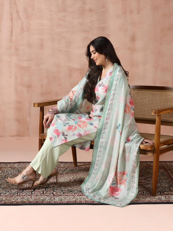 Women Linen Green Floral Print Kurta Comfort Pant Dupatta.