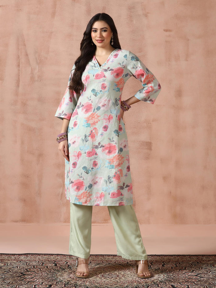 Women Linen Green Floral Print Kurta Comfort Pant Dupatta.