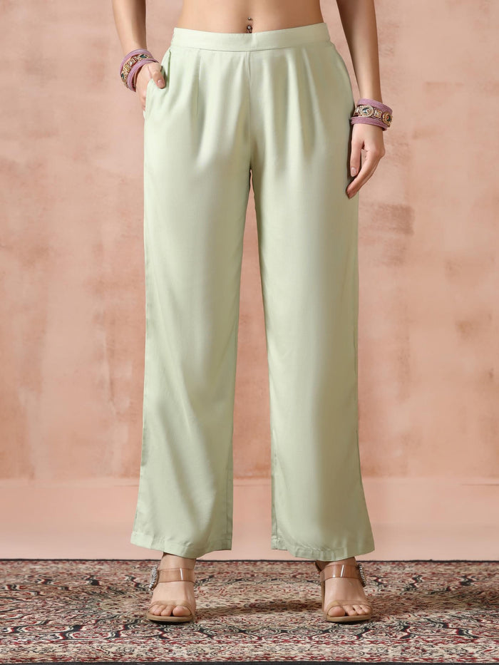 Women Linen Green Floral Print Kurta Comfort Pant Dupatta.