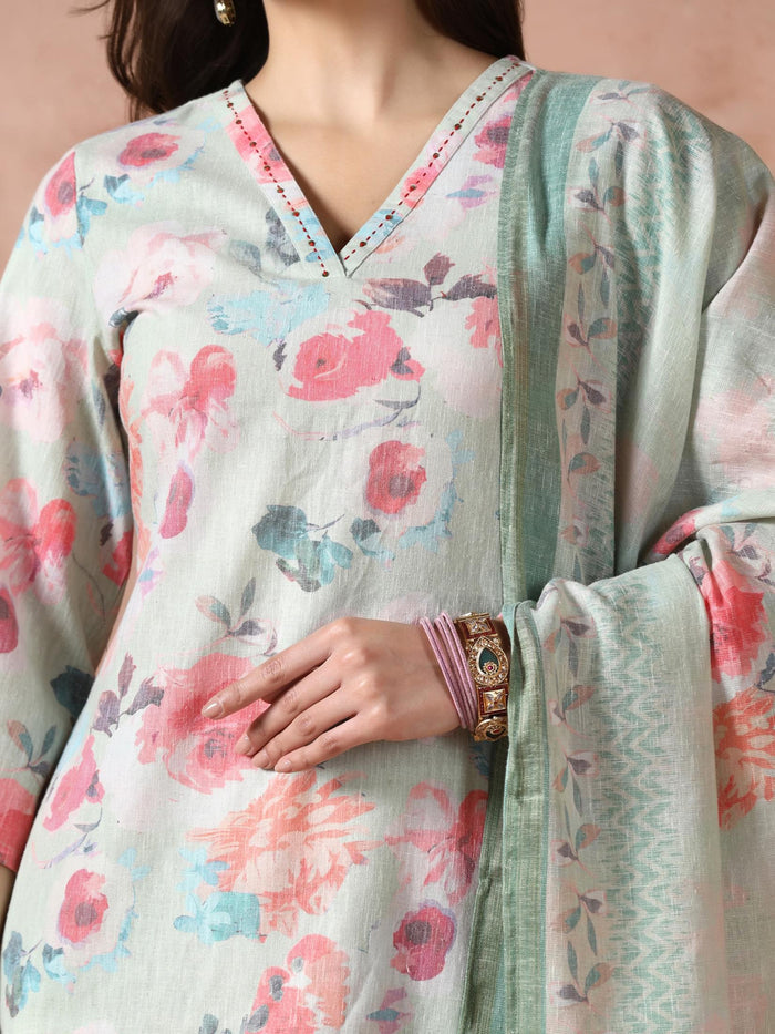 Women Linen Green Floral Print Kurta Comfort Pant Dupatta.