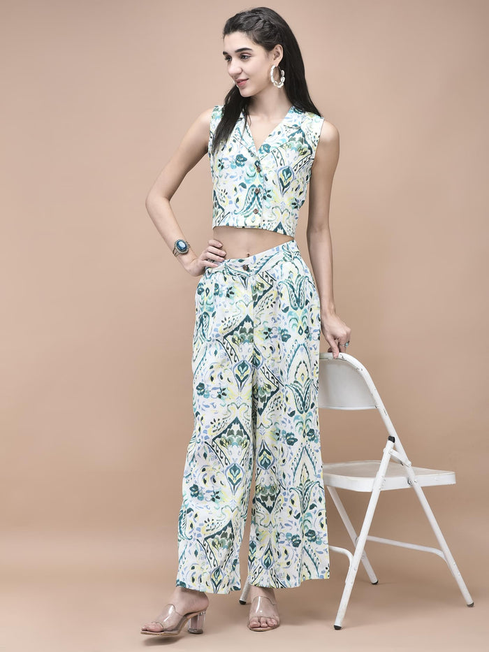 Women Linen Green Ikat Print Co-Ord Set.