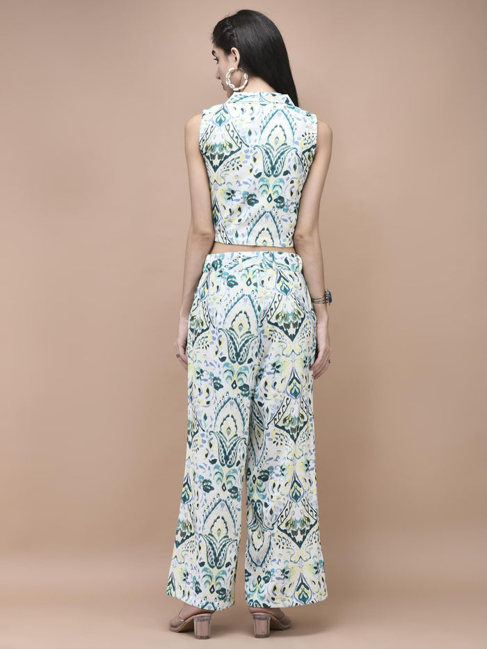Women Linen Green Ikat Print Co-Ord Set.