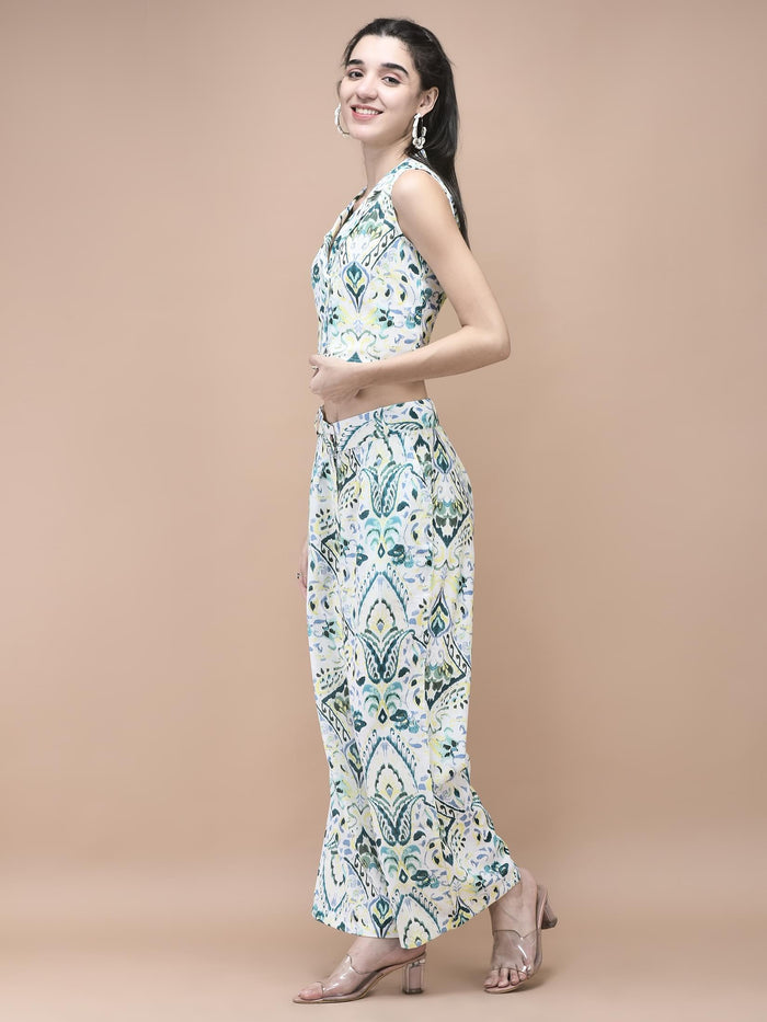 Women Linen Green Ikat Print Co-Ord Set.