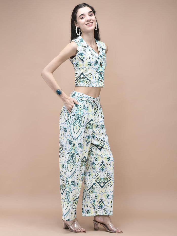 Women Linen Green Ikat Print Co-Ord Set.