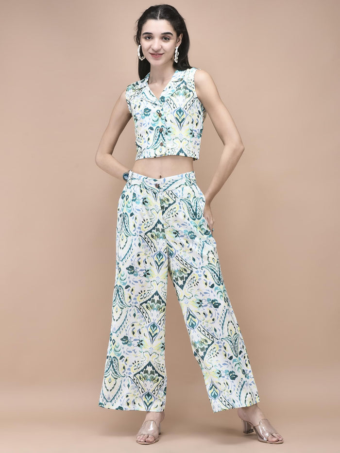 Women Linen Green Ikat Print Co-Ord Set.