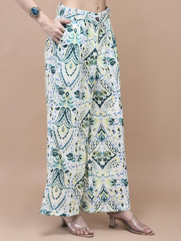 Women Linen Green Ikat Print Co-Ord Set.