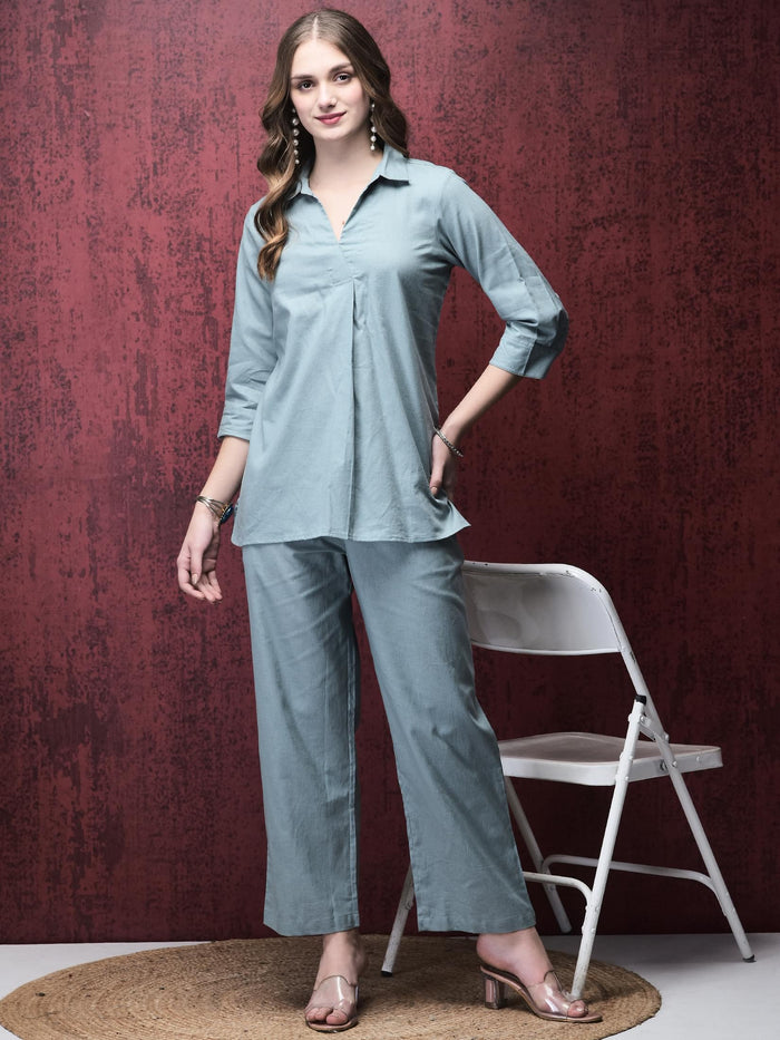 Women Linen Grey Solid Co-Ord Set.