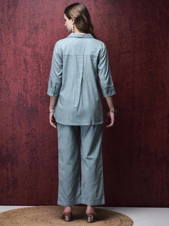Women Linen Grey Solid Co-Ord Set.