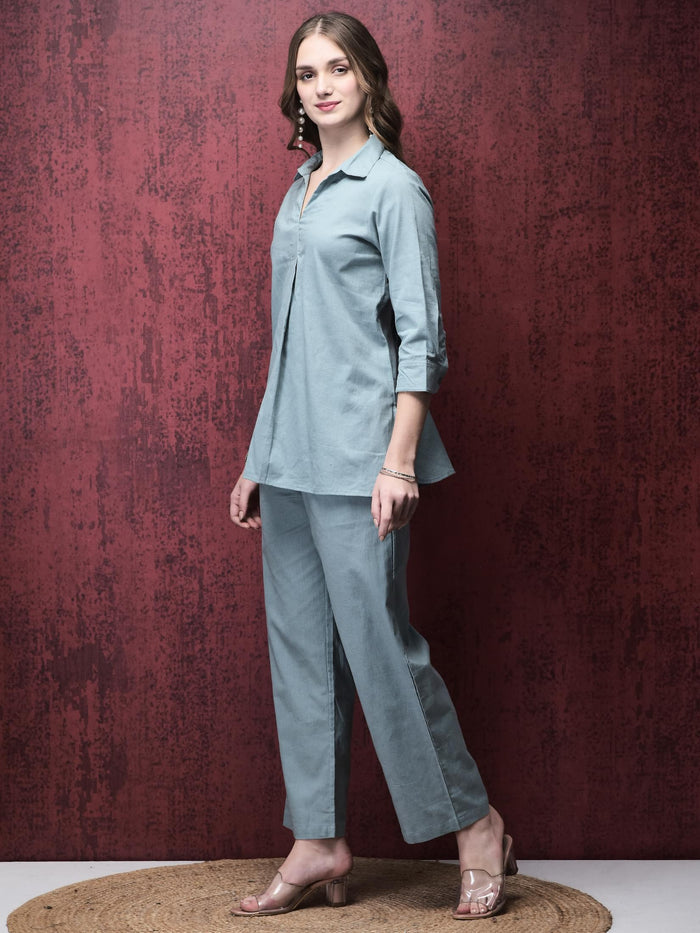 Women Linen Grey Solid Co-Ord Set.