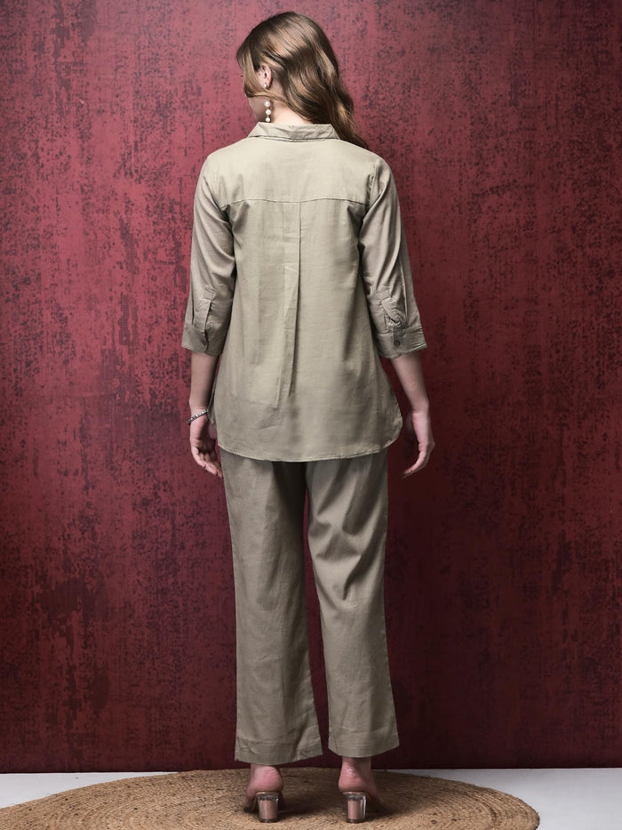 Women Linen Khaki Solid Co-Ord Set.