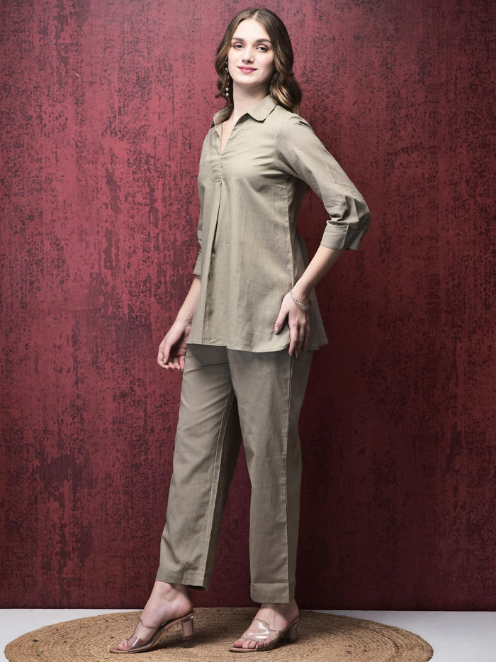 Women Linen Khaki Solid Co-Ord Set.