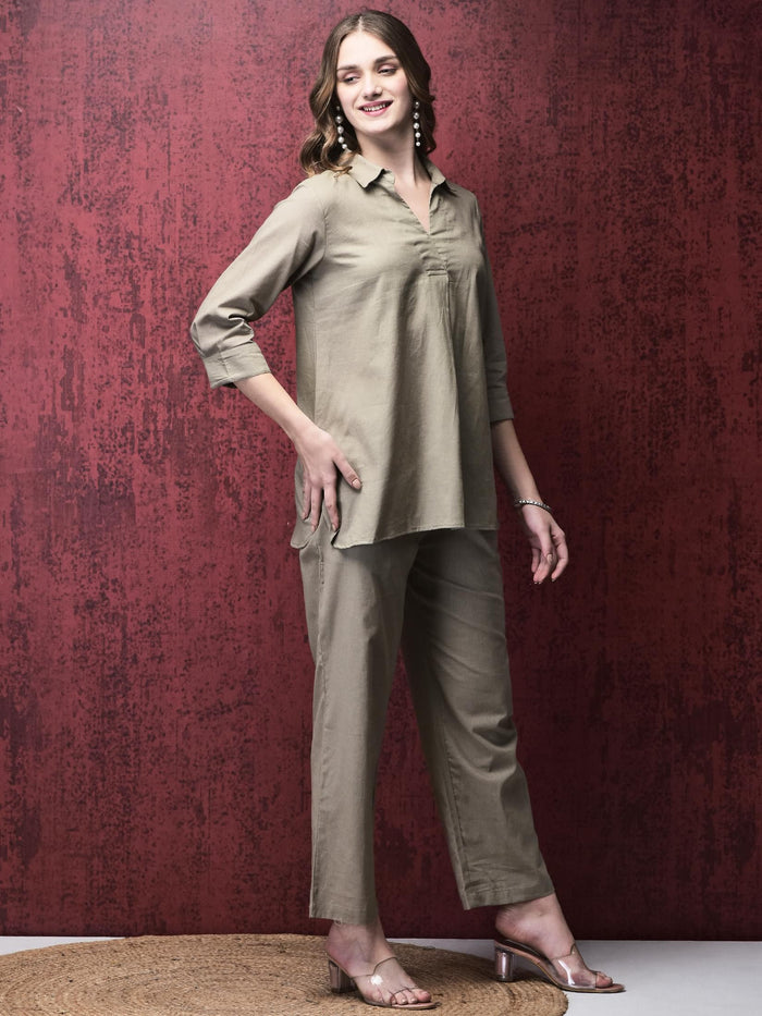 Women Linen Khaki Solid Co-Ord Set.