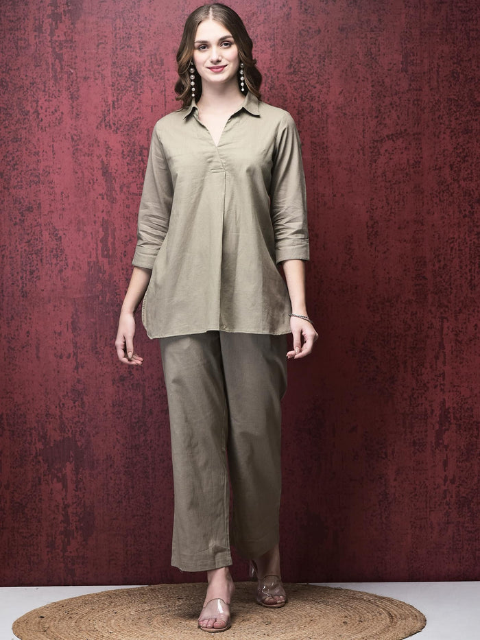Women Linen Khaki Solid Co-Ord Set.