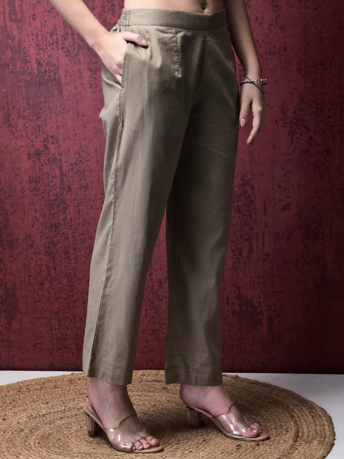 Women Linen Khaki Solid Co-Ord Set.