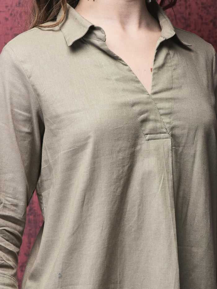 Women Linen Khaki Solid Co-Ord Set.