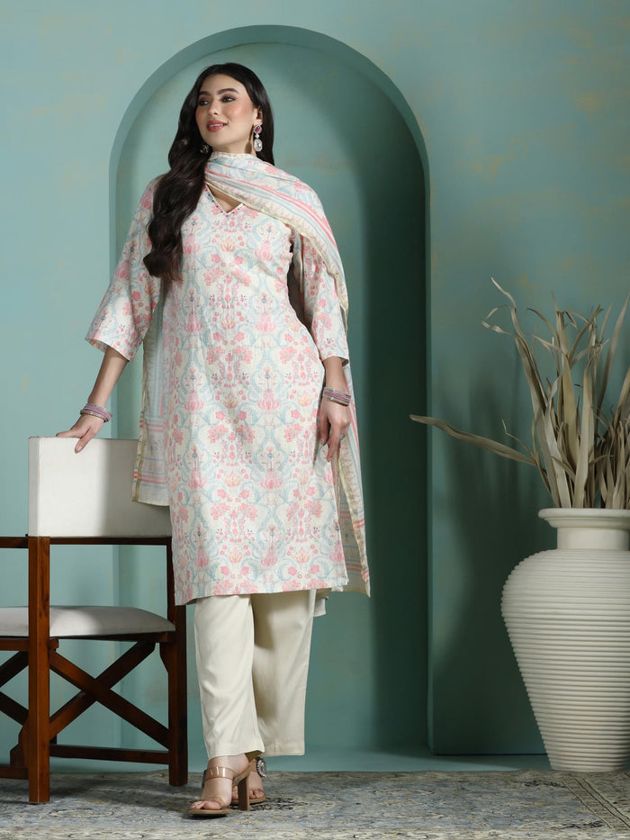 Women Linen Multicolor Floral Print Kurta Comfort Pant Dupatta.