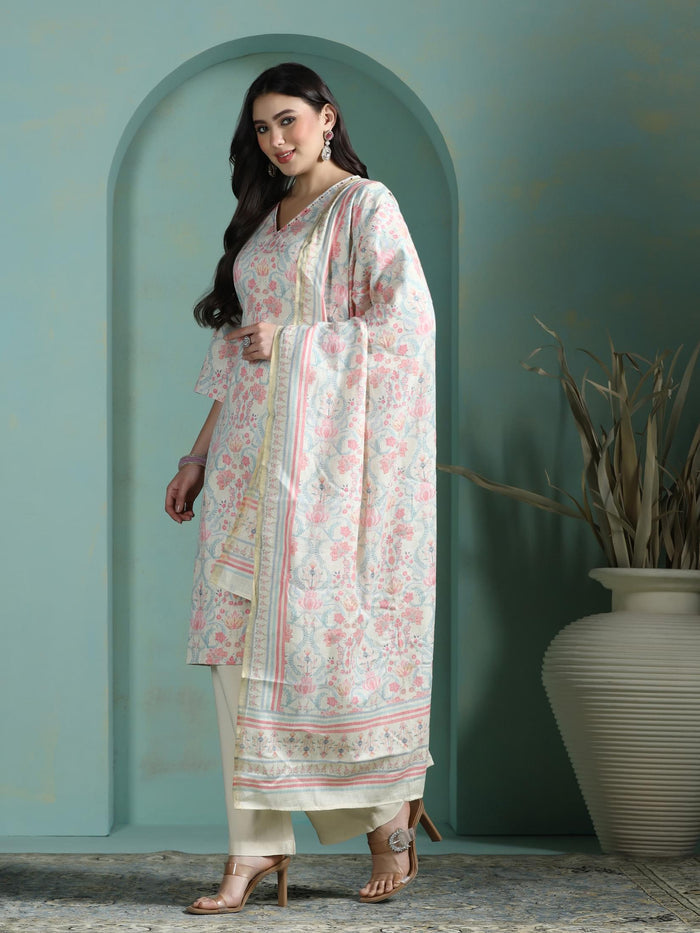 Women Linen Multicolor Floral Print Kurta Comfort Pant Dupatta.