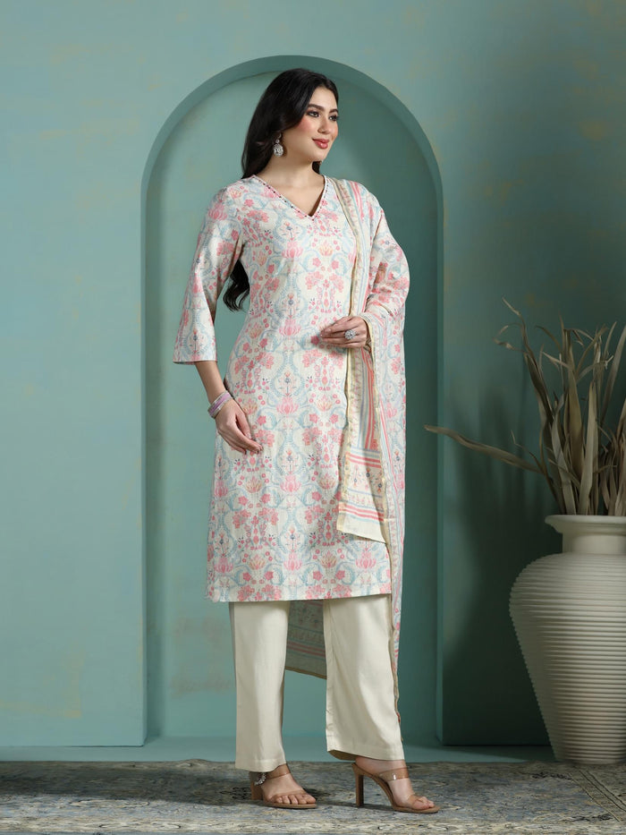 Women Linen Multicolor Floral Print Kurta Comfort Pant Dupatta.