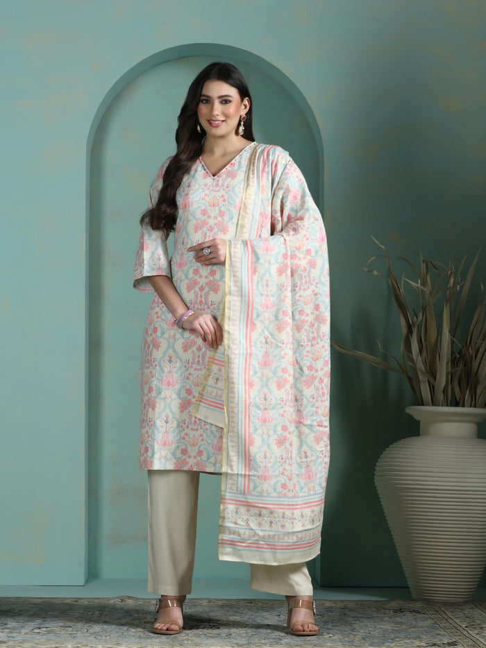 Women Linen Multicolor Floral Print Kurta Comfort Pant Dupatta.