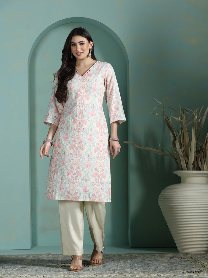 Women Linen Multicolor Floral Print Kurta Comfort Pant Dupatta.