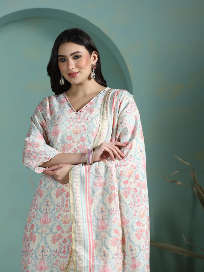 Women Linen Multicolor Floral Print Kurta Comfort Pant Dupatta.