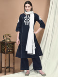 Women Linen Navy Blue Embroidered Kurta Comfort Pant Dupatta.