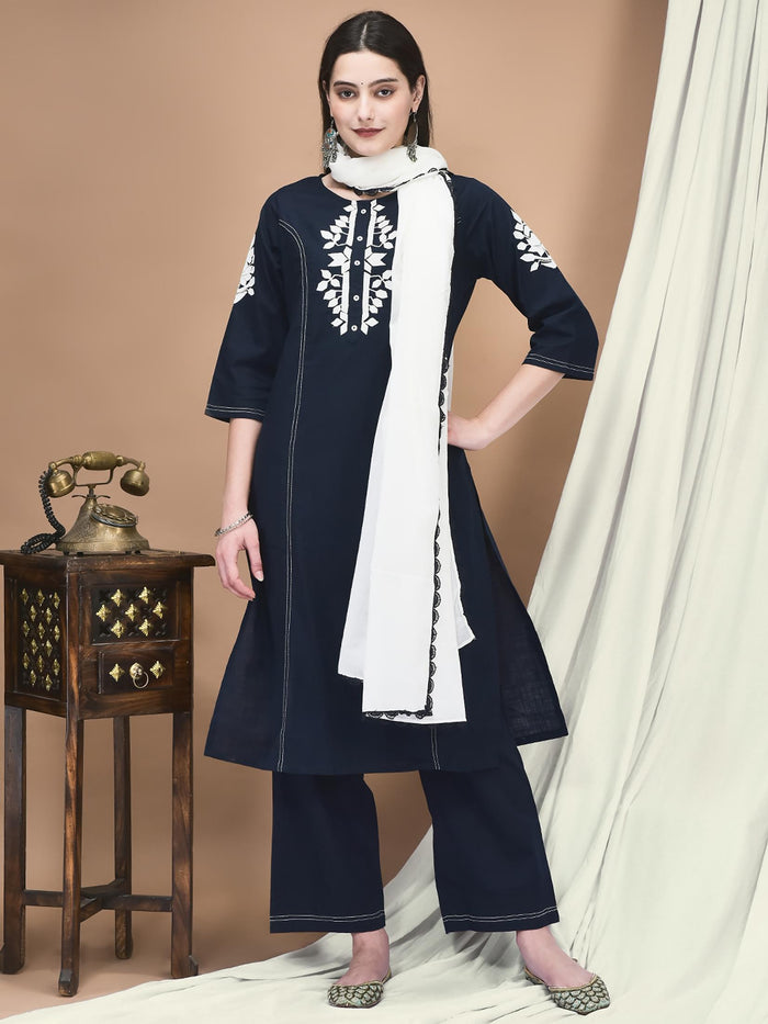 Women Linen Navy Blue Embroidered Kurta Comfort Pant Dupatta.