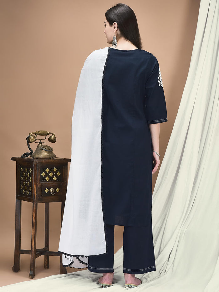 Women Linen Navy Blue Embroidered Kurta Comfort Pant Dupatta.
