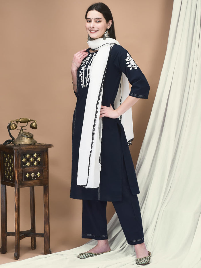 Women Linen Navy Blue Embroidered Kurta Comfort Pant Dupatta.