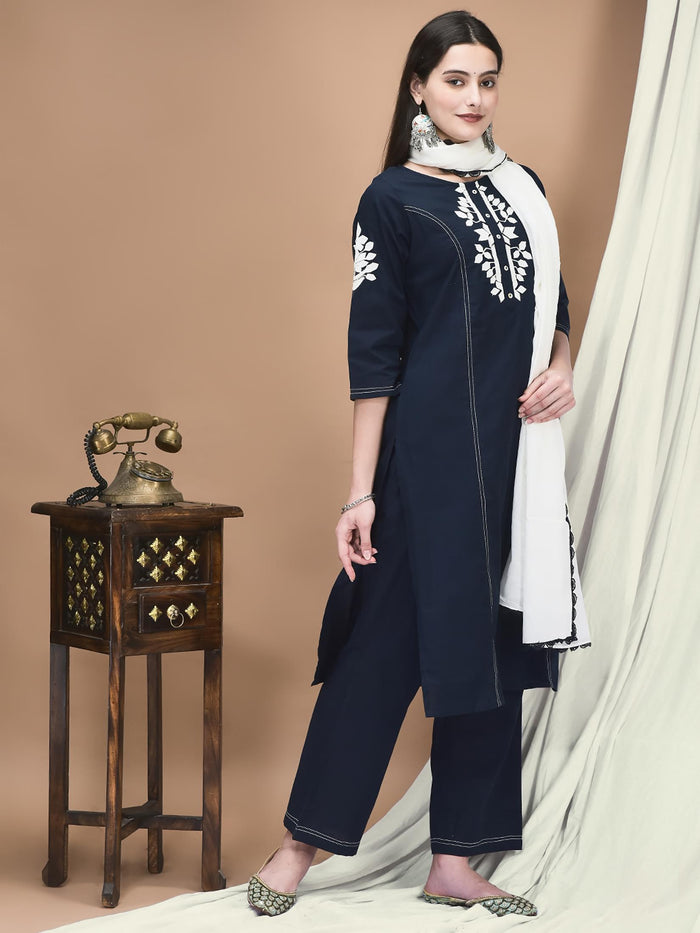 Women Linen Navy Blue Embroidered Kurta Comfort Pant Dupatta.