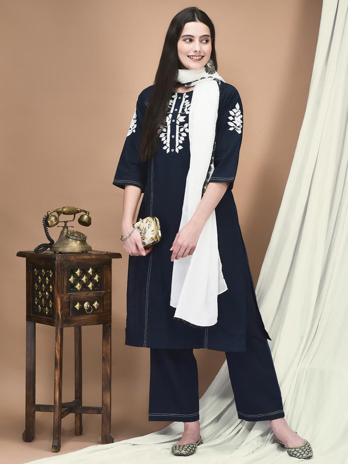 Women Linen Navy Blue Embroidered Kurta Comfort Pant Dupatta.
