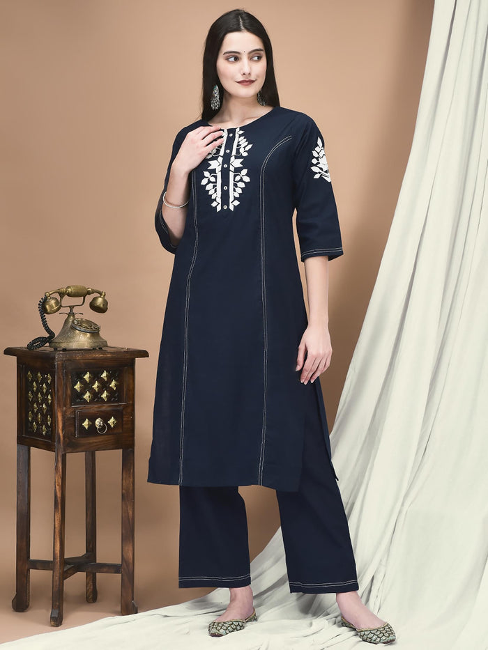Women Linen Navy Blue Embroidered Kurta Comfort Pant Dupatta.
