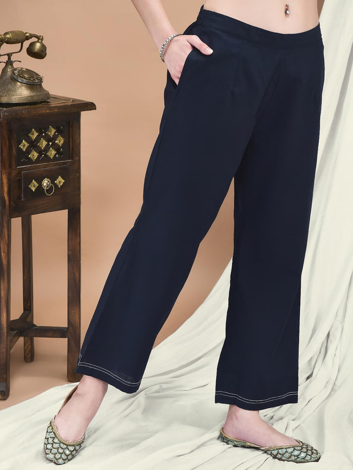 Women Linen Navy Blue Embroidered Kurta Comfort Pant Dupatta.