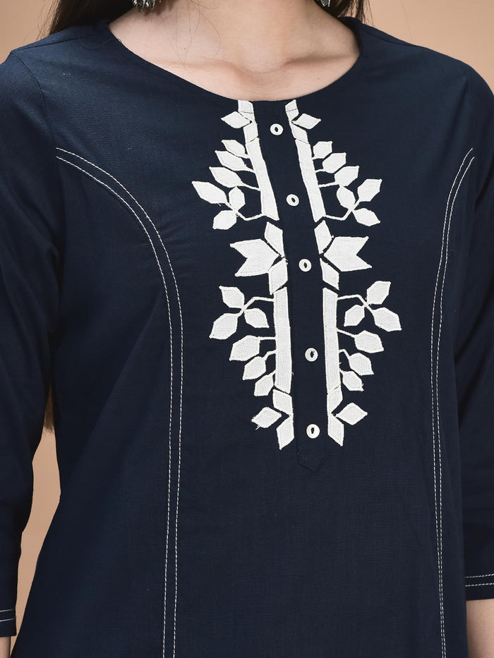 Women Linen Navy Blue Embroidered Kurta Comfort Pant Dupatta.