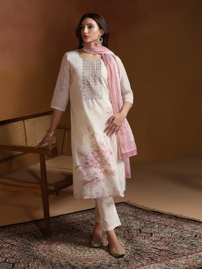 Women Linen Off White and Pink Embroidered Kurta Comfort Pant Dupatta.