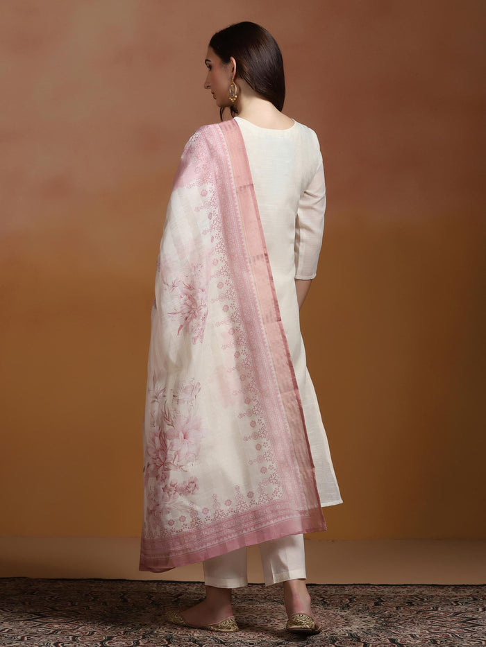 Women Linen Off White and Pink Embroidered Kurta Comfort Pant Dupatta.