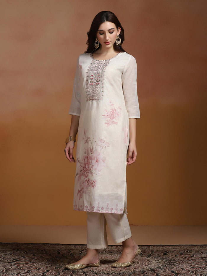 Women Linen Off White and Pink Embroidered Kurta Comfort Pant Dupatta.